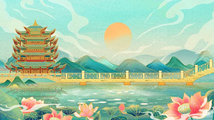 中国风国潮烫金仙鹤山水古建筑风景装饰插画背景PSD分层设计素材psd模版下载