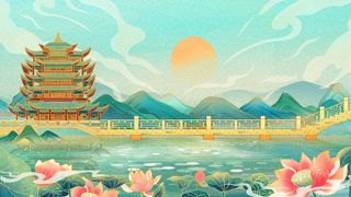 中国风国潮烫金仙鹤山水古建筑风景装饰插画背景PSD分层设计素材