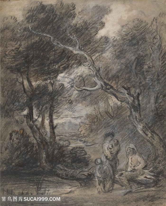 庚斯博罗手绘素描溪边树林美景装饰画