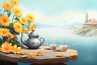 秋季山水赏菊泡茶重阳节插画素材