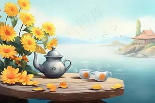 秋季山水赏菊泡茶重阳节插画素材