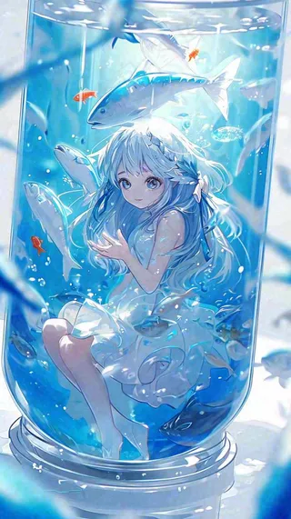 蓝色水面美人鱼，鱼类少女动漫漫画手绘插画