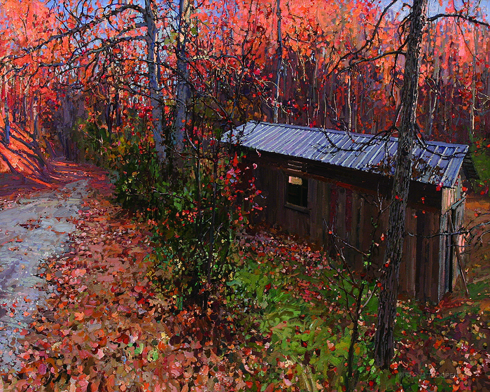 唯美道路树林木屋油画风景画