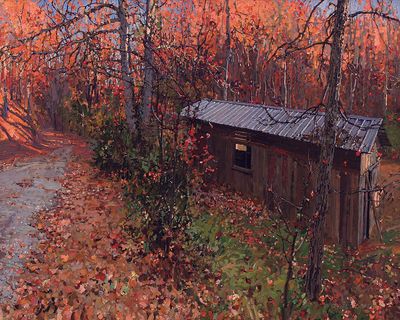 唯美道路树林木屋油画风景画