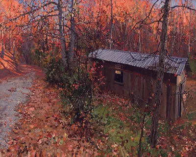 唯美道路树林木屋油画风景画 唯美道路树林木屋油画风景画