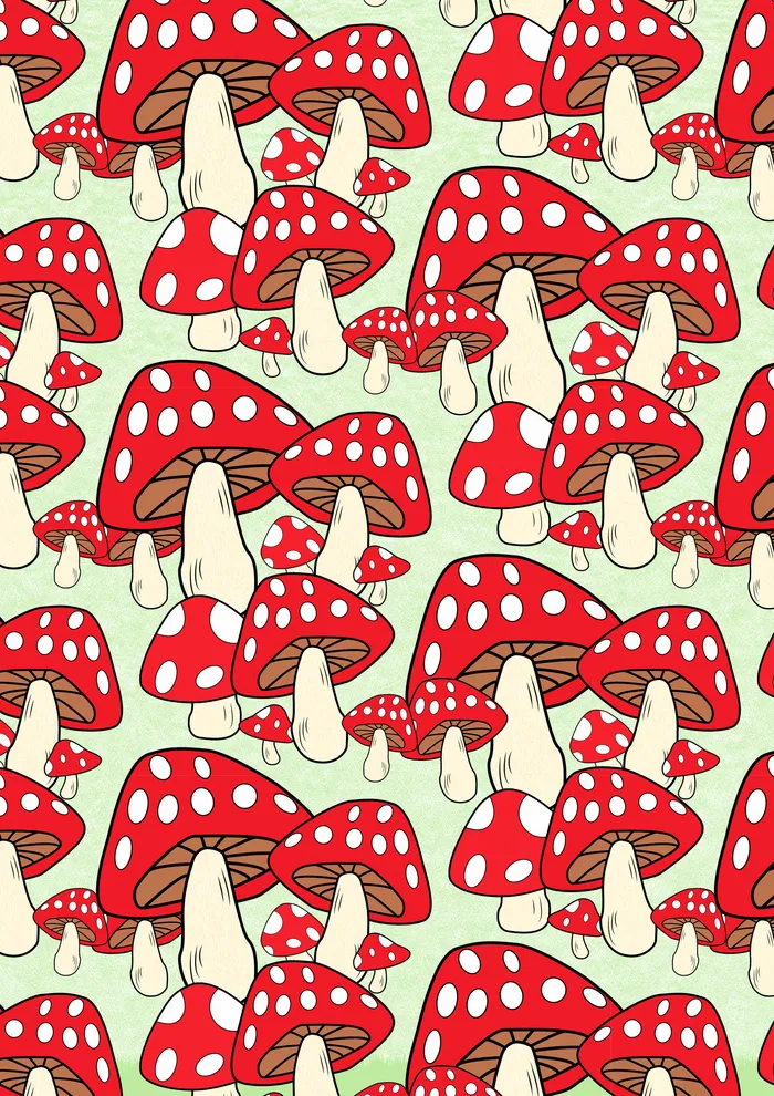 红色蘑菇绿色草地简约风背景图