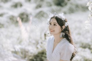 女士, 亚洲人, 模型, 白色的裙