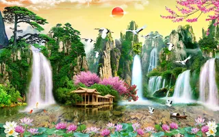 流水生财木房荷花背景