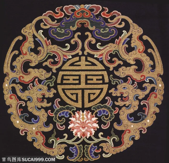 黑色背景国风古代龙凤刺绣中国风图片素材