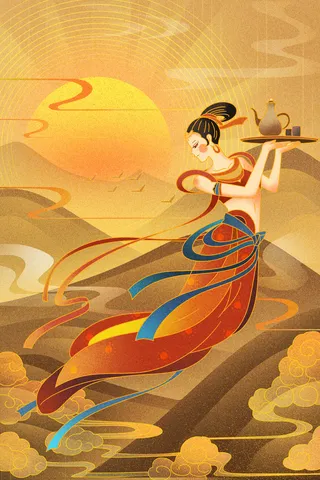 复古中国风国潮神话人物敦煌插画仙女手绘海报背景PSD设计素材