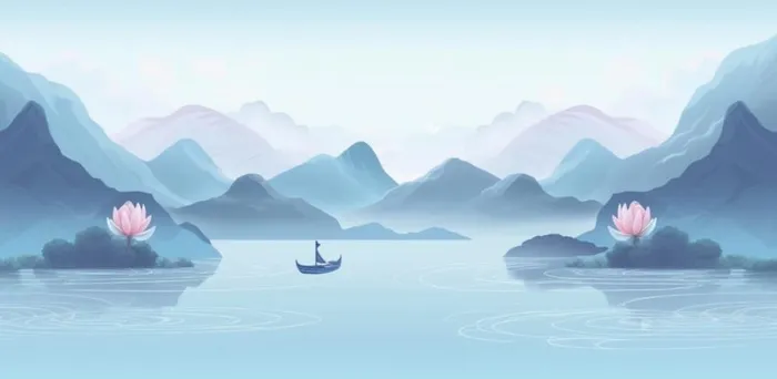 山水画湖泊花背景(1200x587)