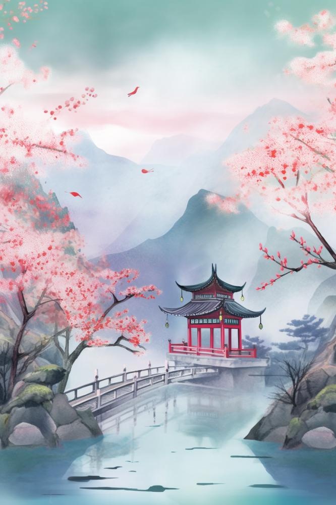 浪漫古风山水风景插画背景(896x1344)