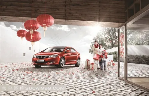 灯笼下的红色汽车喜庆新年素材