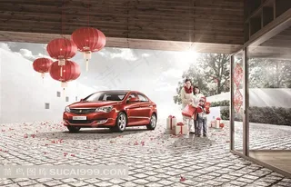 灯笼下的红色汽车喜庆新年素材