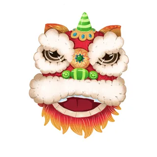 新年春节虎年元宵手绘人物舞狮卡通狮子头插画元素PSD设计素材