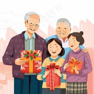 一家人家庭照礼物开心欢乐天伦之乐卡通插画素材背景