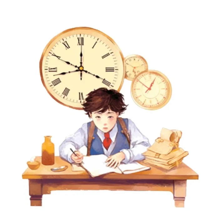 学生在书桌写作业时间时钟免抠(1024x1024)