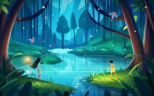 夜晚森林萤火虫蝴蝶插画背景 夜晚森林萤火虫蝴蝶插画背景