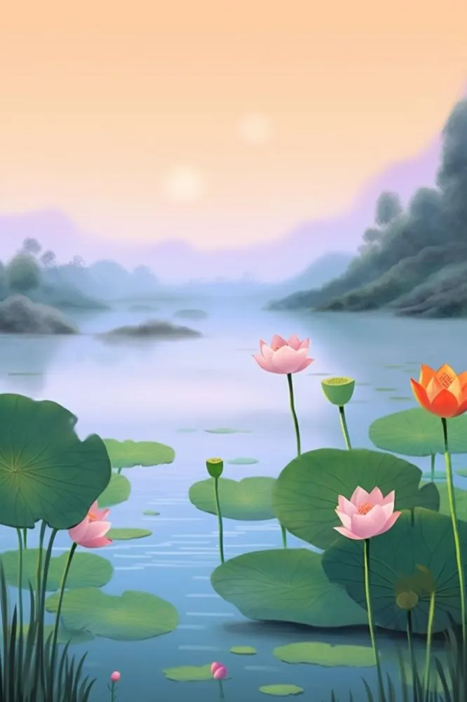 简约国风莲花傍晚背景(896x1344)