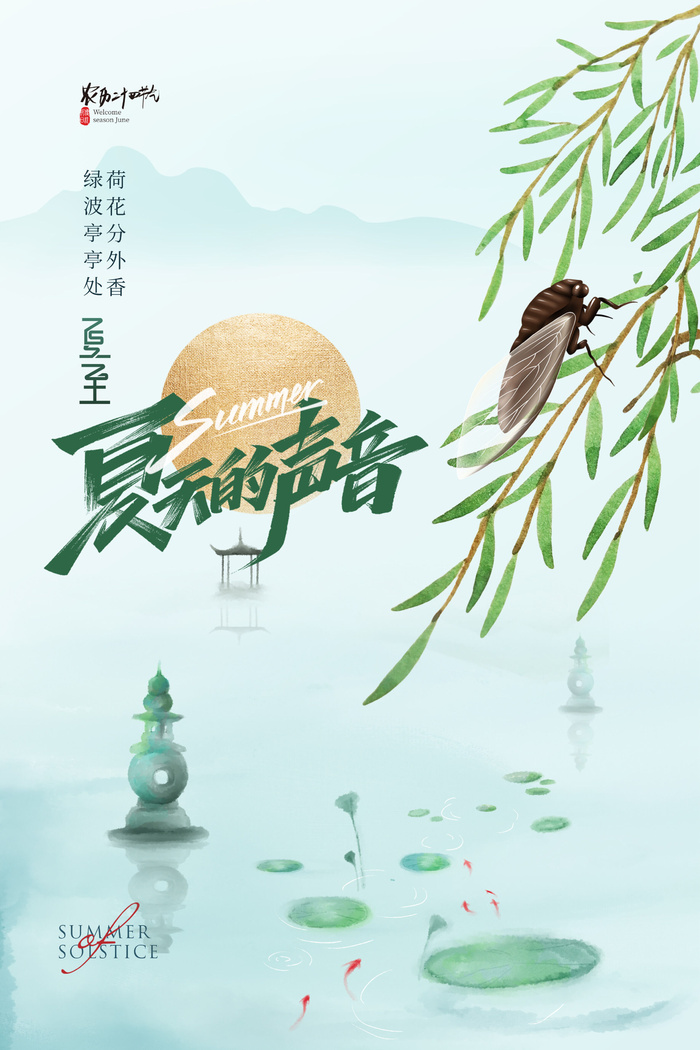 简约清新知了情趣夏至节气海报