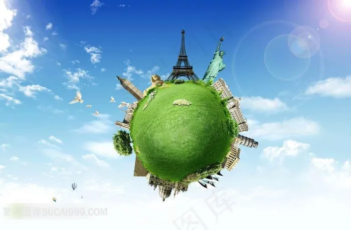 旅行箱系列 - 被世界风景名胜围着的绿色地球创意图片