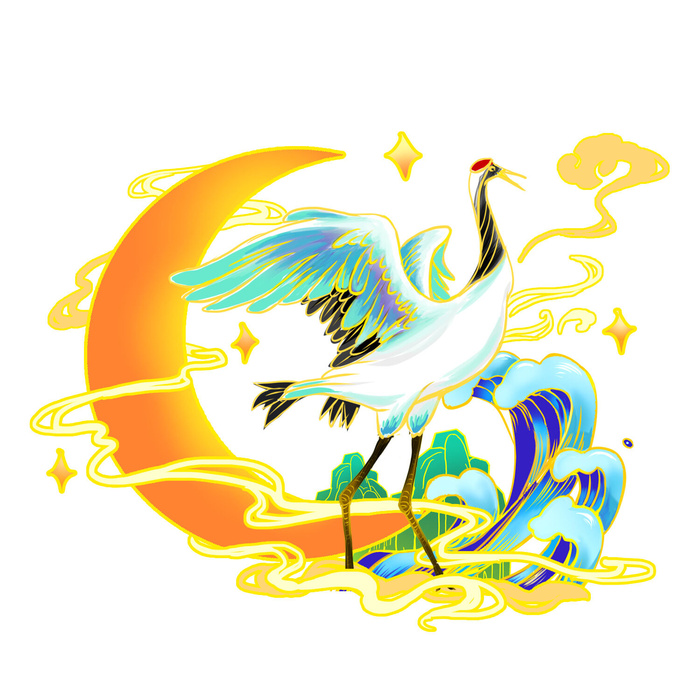 中国风国潮仙鹤山水插画手绘元素场景PSD设计素材