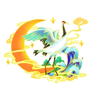 中国风国潮仙鹤山水插画手绘元素场景PSD设计素材