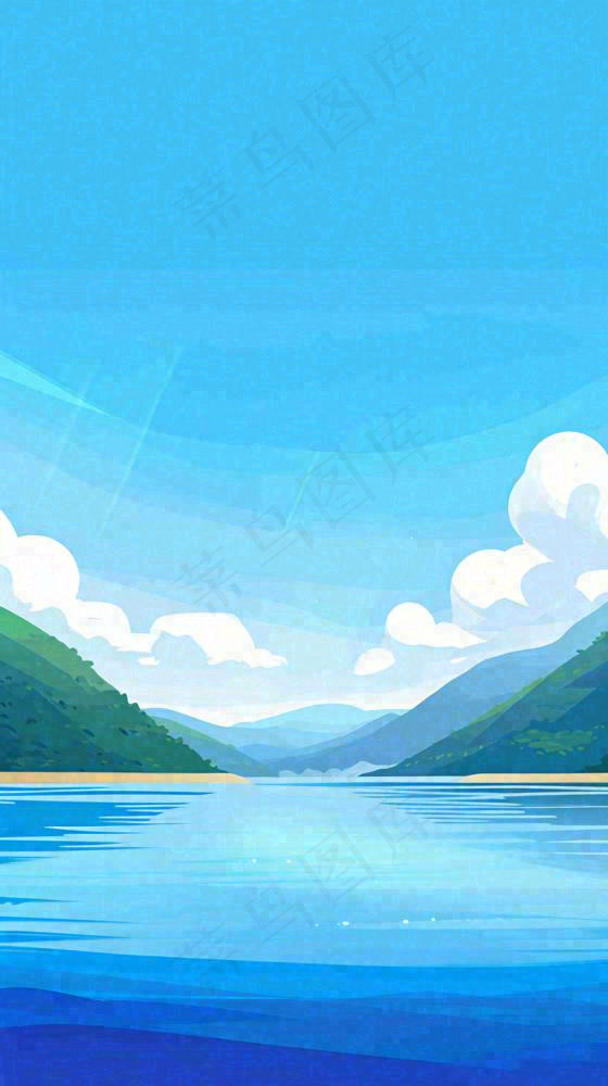 夏天蓝色扁平卡通插画蓝天白云湖水远山