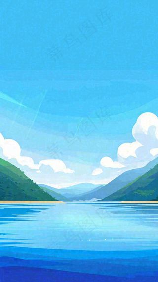 夏天蓝色扁平卡通插画蓝天白云湖水远山