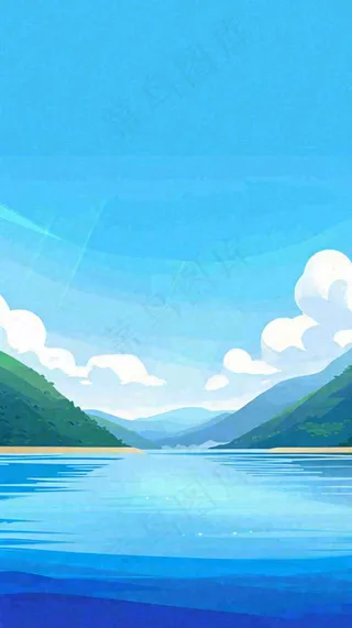 夏天蓝色扁平卡通插画蓝天白云湖水远山