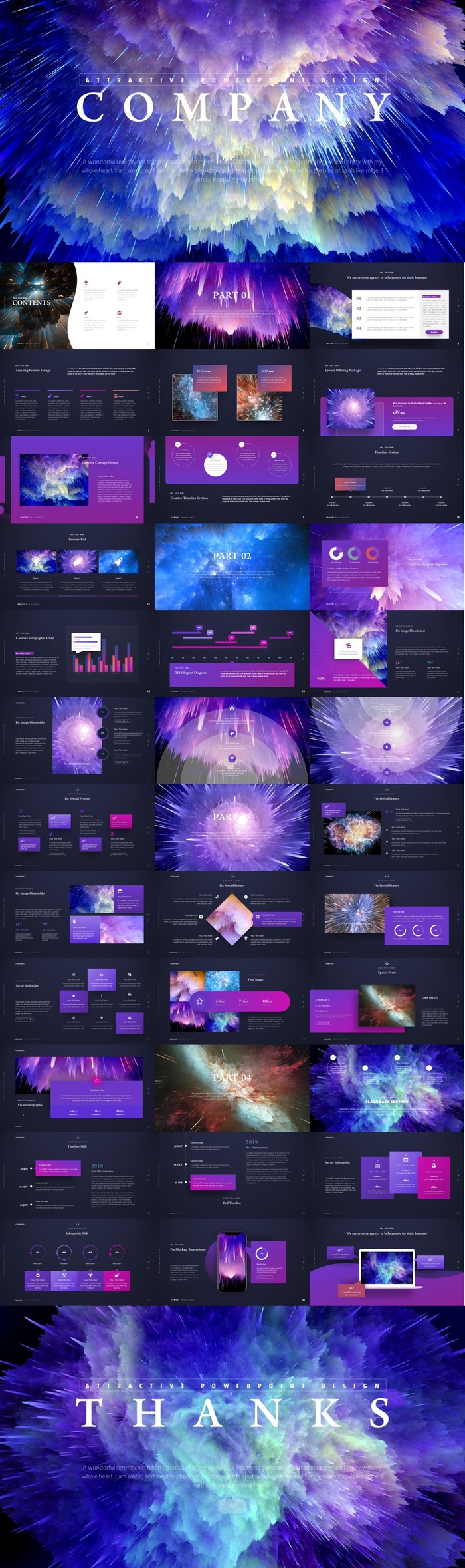 梦幻星云绚烂色彩PPT模板 高端 大气