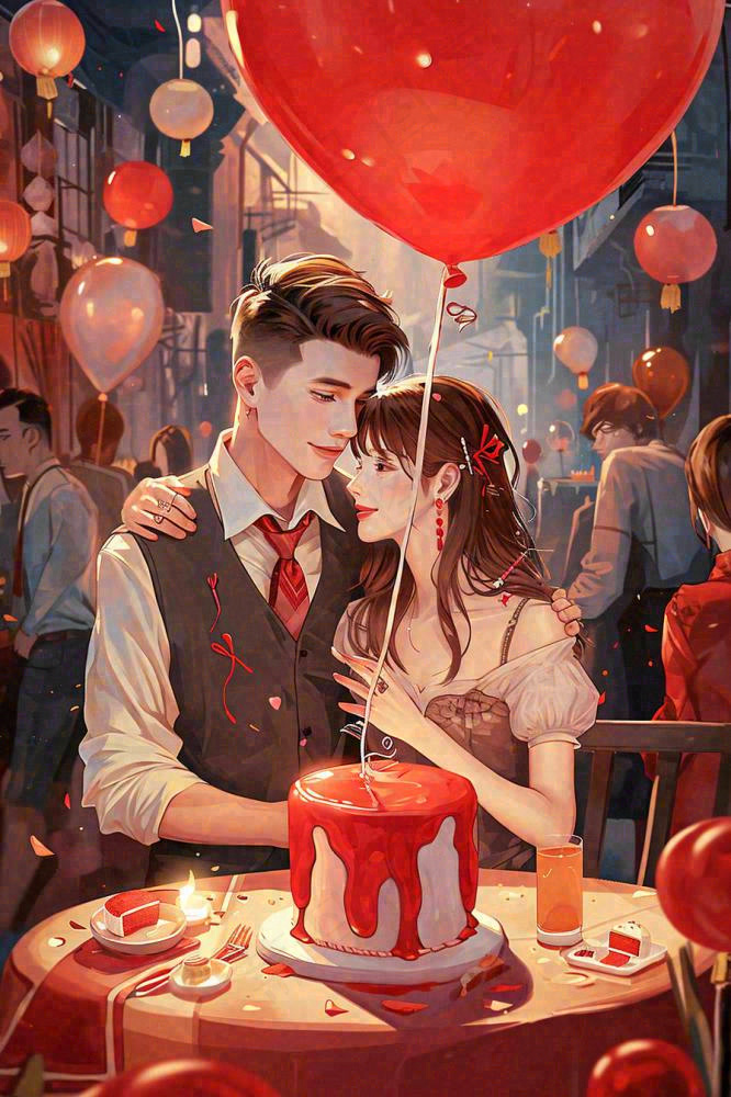 情人节爱心浪漫情侣晚餐生日蛋糕插画手绘
