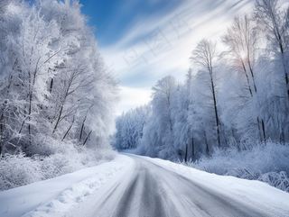 冬天大雪道路积雪两边的树木雾凇摄影图