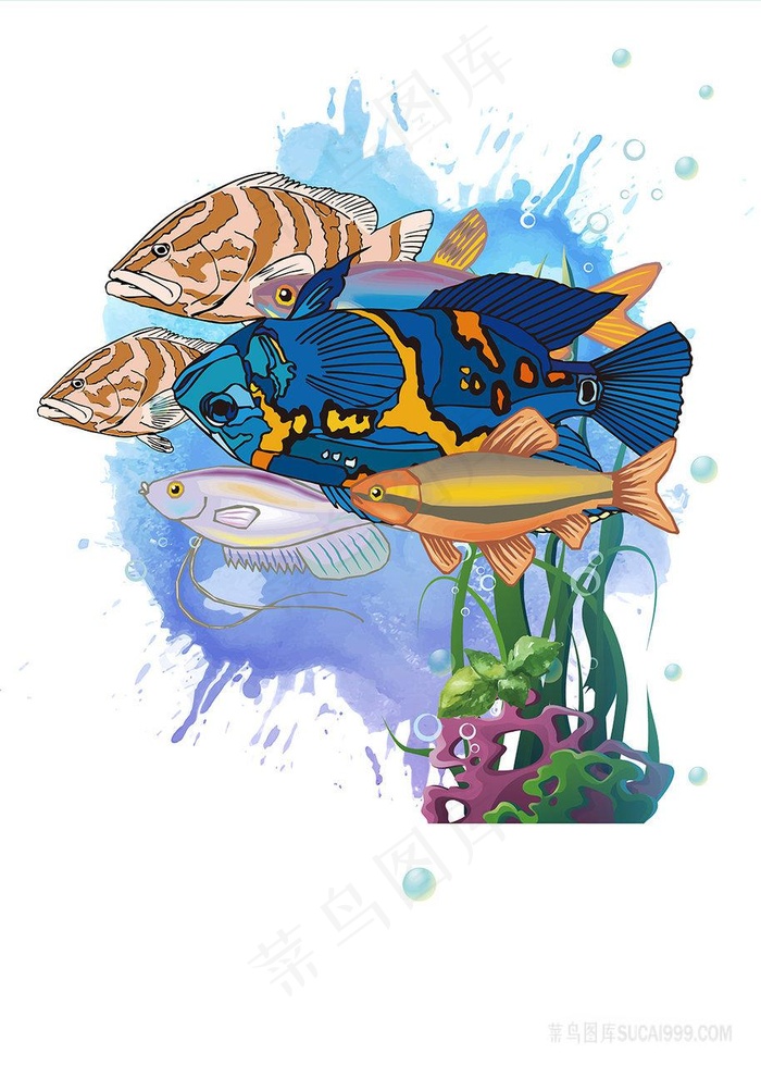水彩唯美海底鱼时尚插画