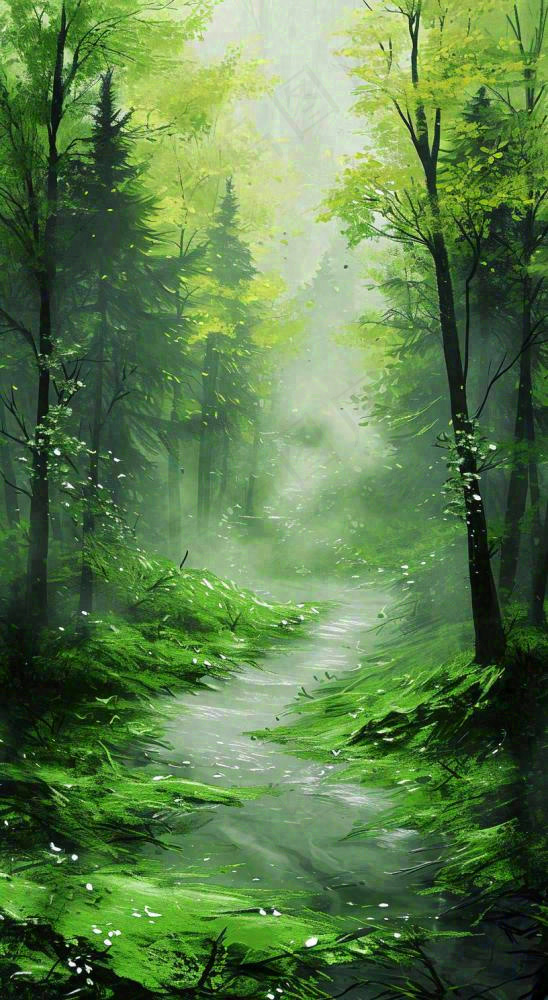 春天绿树成荫的树林里面小溪溪水飘着树叶(816x1488)