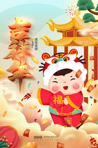 2022新年虎年春节海报插画喜庆活动展板背景PSD设计素材