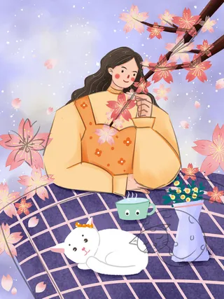 姑娘与樱花卡通绘画PSD素材