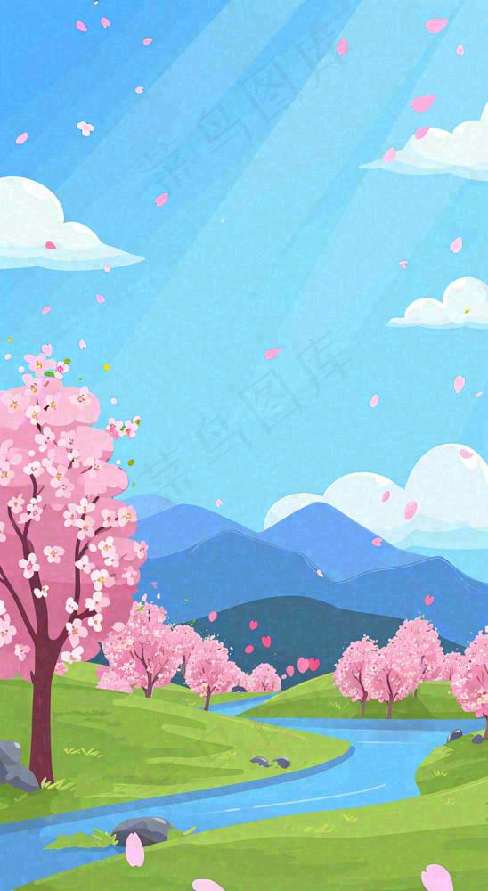 春天浪漫粉色樱花山脉河流蓝天白云清新手绘扁平插画，立春惊蛰