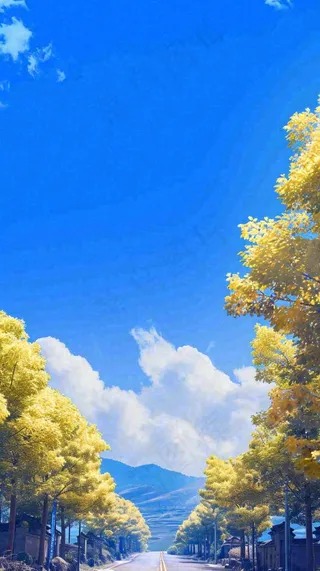 秋天蓝天白云下唯美公路旁的黄叶树木，秋分处暑摄影图