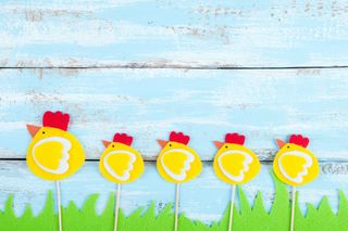 复活节的背景。鸡和草的毛毡在木制的乡村背景。儿童手工贺卡。俯视图