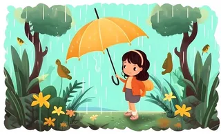 春天下雨天小女孩拿着雨伞在森林里漫步绿色黄色手绘插画海报素材背景