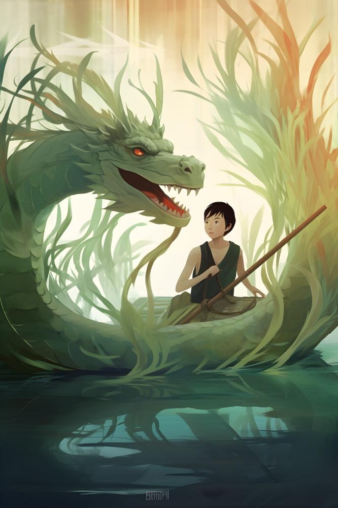 水上划船龙舟水草卡通插画背景