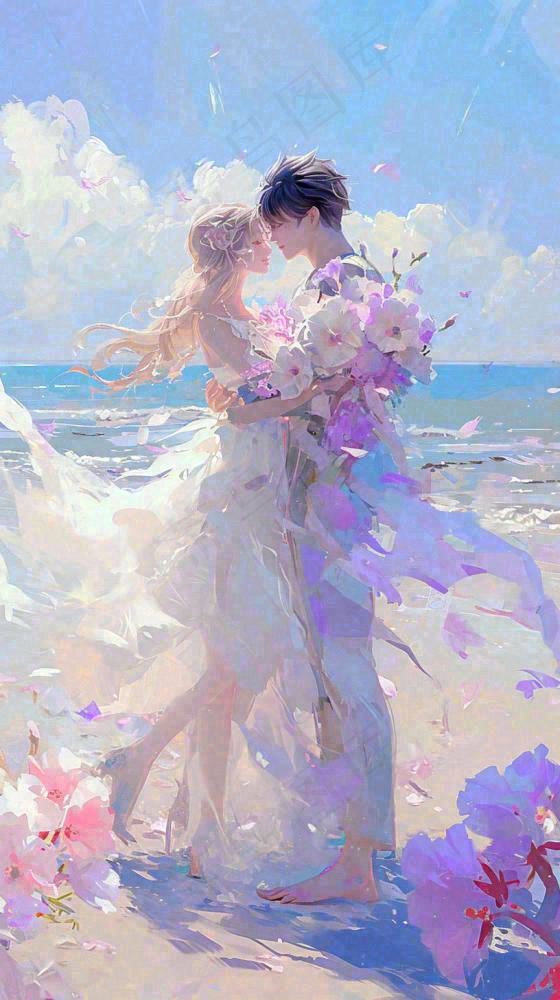 海边爱情情侣浪漫拥抱接吻，情人节婚纱照手绘插画(816x1456)