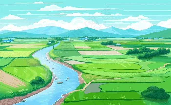 乡村村庄美丽风景河流插画农田插画背景(1408x864)