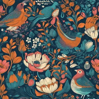 花鸟图，插画风格，无缝贴图，素材