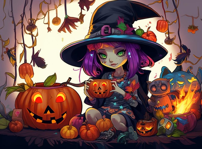 万圣节女巫鬼怪捣蛋南瓜灯恐怖紫色插画素材背景(1280x944)