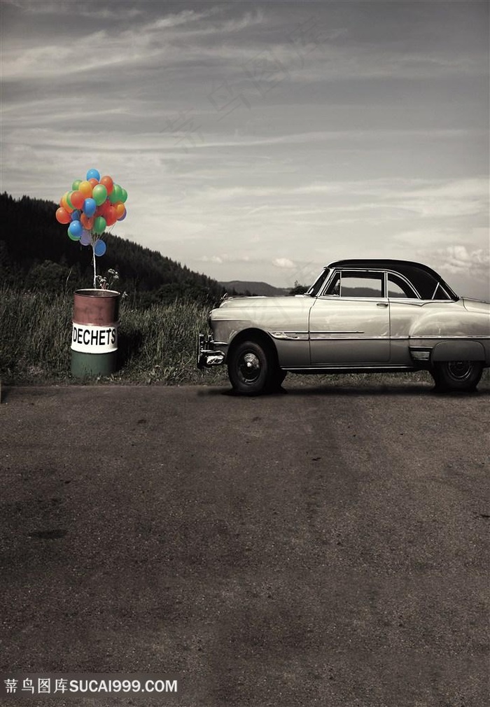 汽车气球唯美复古风景画