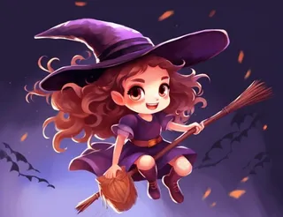 万圣节女巫骑扫把紫色卡通插画背景