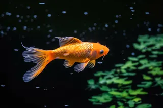 金鱼在池塘水里游曳水草摄影图