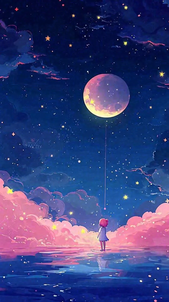 闪烁夜晚浪漫少女仰望星空粉紫色，银河月亮(816x1456)